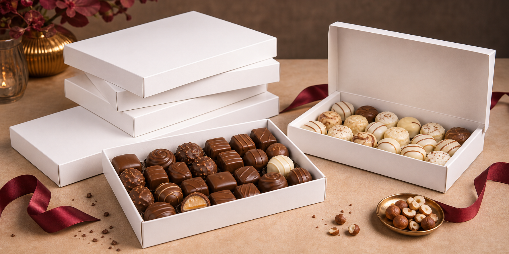 Caixas brancas abertas e empilhadas com chocolates